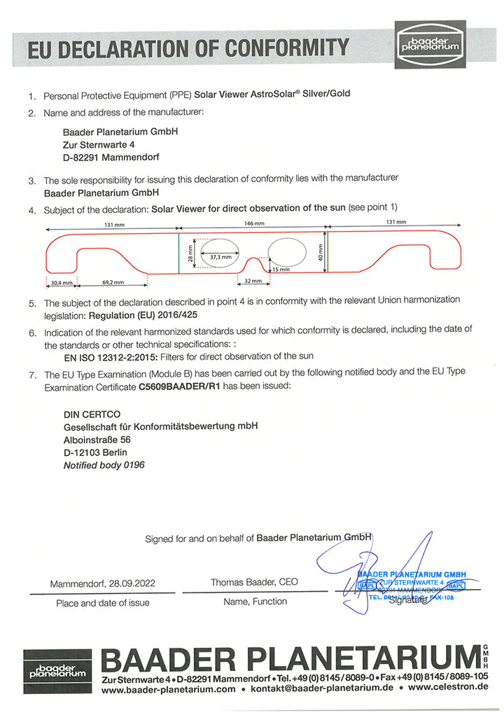 Baader Planetarium Solar Viewer Brille - Einzelpaar